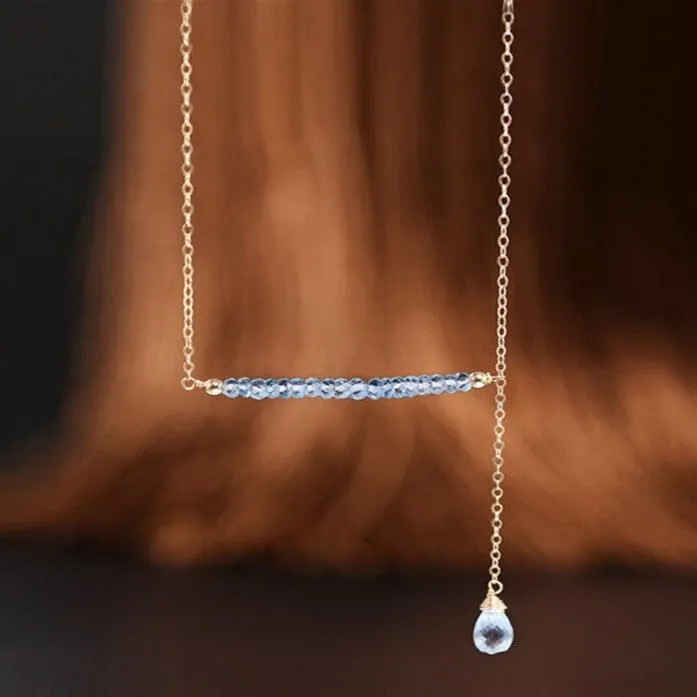 14K Gold Unique Water Drop Design Sky Blue Topaz Necklace