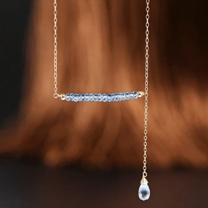 14K Gold Unique Water Drop Design Sky Blue Topaz Necklace