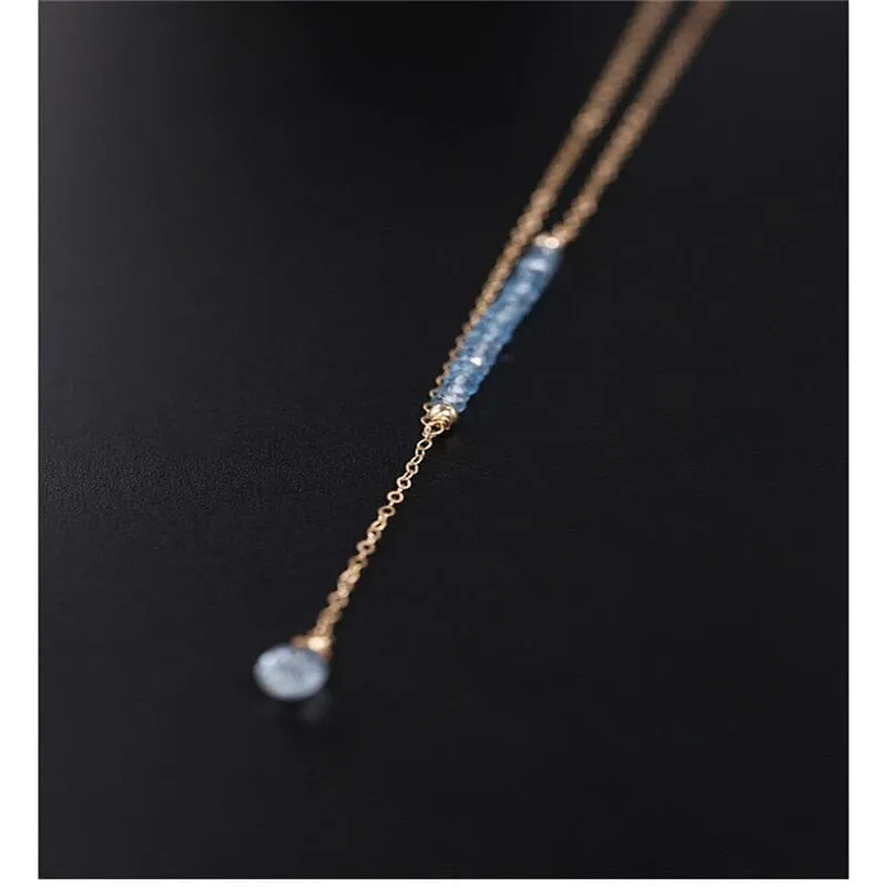 14K Gold Unique Water Drop Design Sky Blue Topaz Necklace