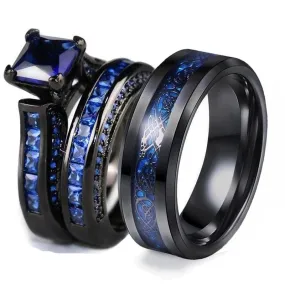 8mm Black Celtic Dragon Inlay and Blue Rhinestone & Cubic Zirconia Stainless Steel Wedding Ring Set