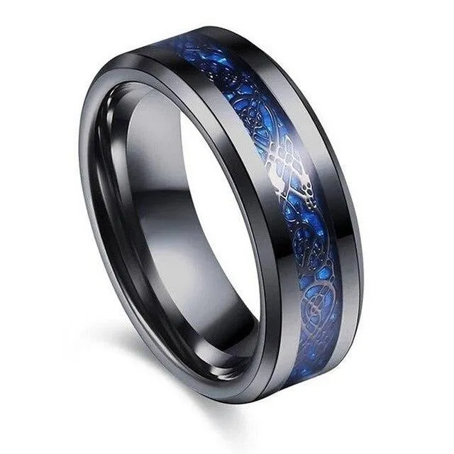 8mm Black Celtic Dragon Inlay and Blue Rhinestone & Cubic Zirconia Stainless Steel Wedding Ring Set