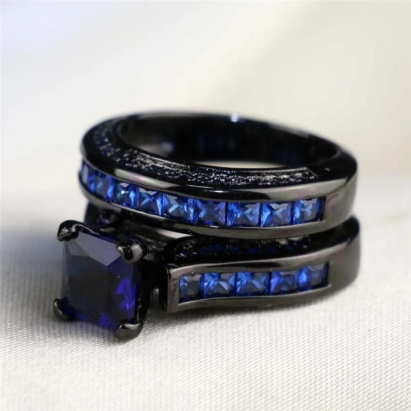 8mm Black Celtic Dragon Inlay and Blue Rhinestone & Cubic Zirconia Stainless Steel Wedding Ring Set