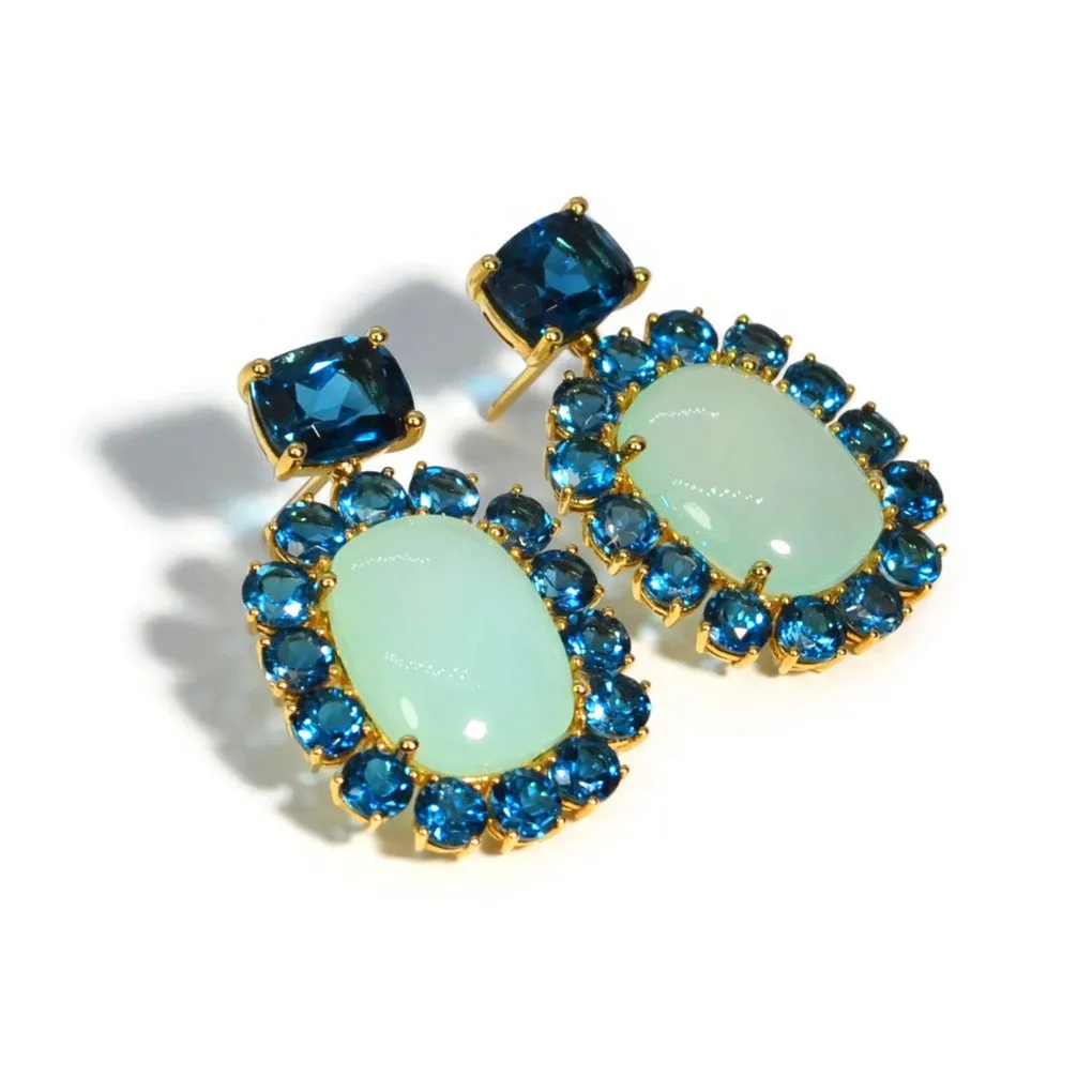 A & Furst - Sole - Drop Earrings with Green Aqua Chalcedony and London Blue Topaz, 18k Yellow Gold