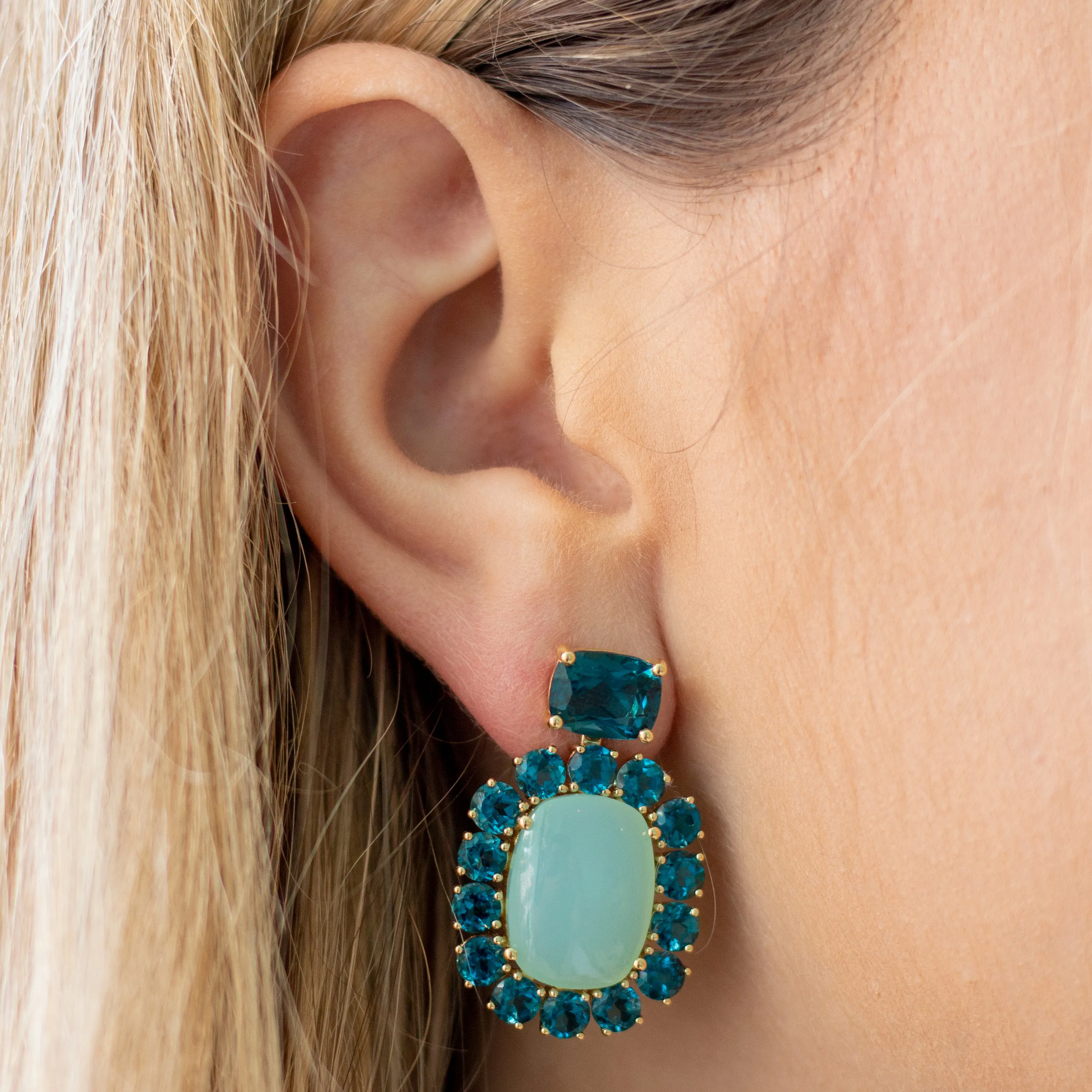 A & Furst - Sole - Drop Earrings with Green Aqua Chalcedony and London Blue Topaz, 18k Yellow Gold