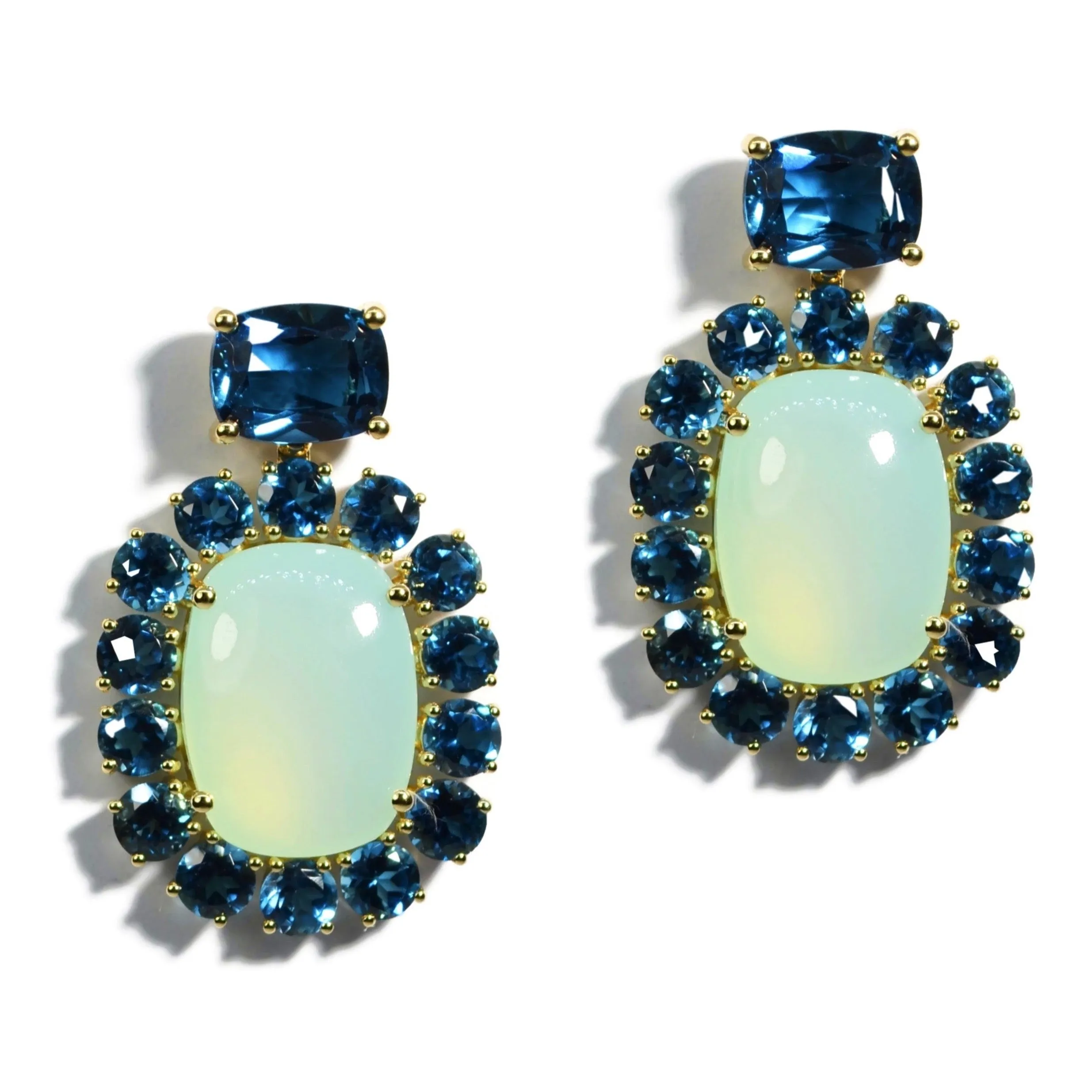 A & Furst - Sole - Drop Earrings with Green Aqua Chalcedony and London Blue Topaz, 18k Yellow Gold