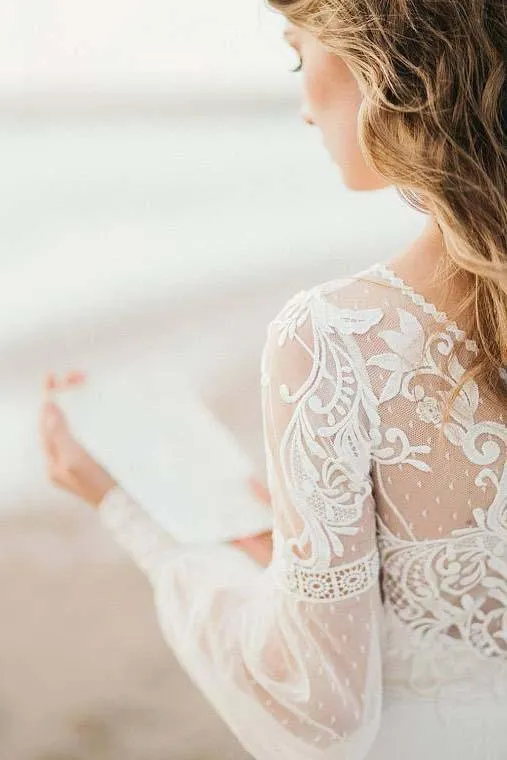 A Line See Through Long Sleeve Lace Appliqued Ivory Beach Wedding Dresses