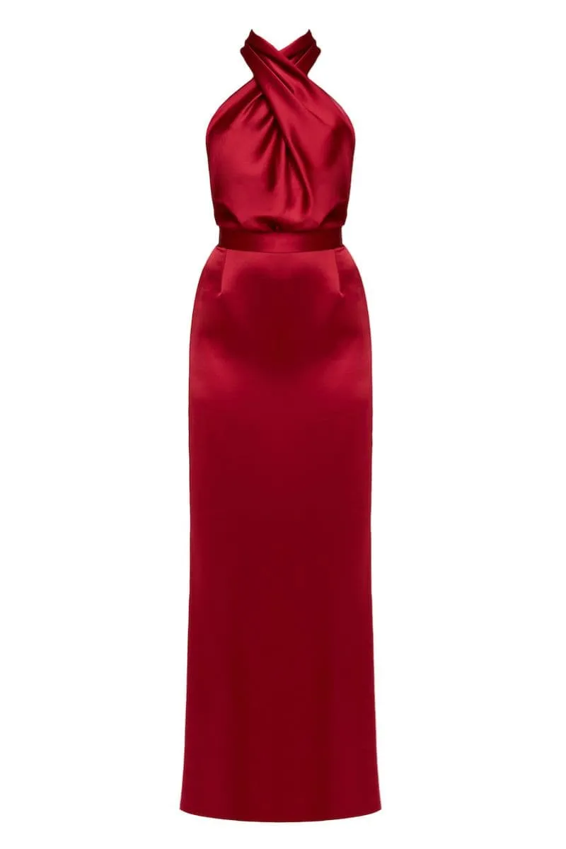 ALIUR DEEP RED HALTER NECK EVENING DRESS