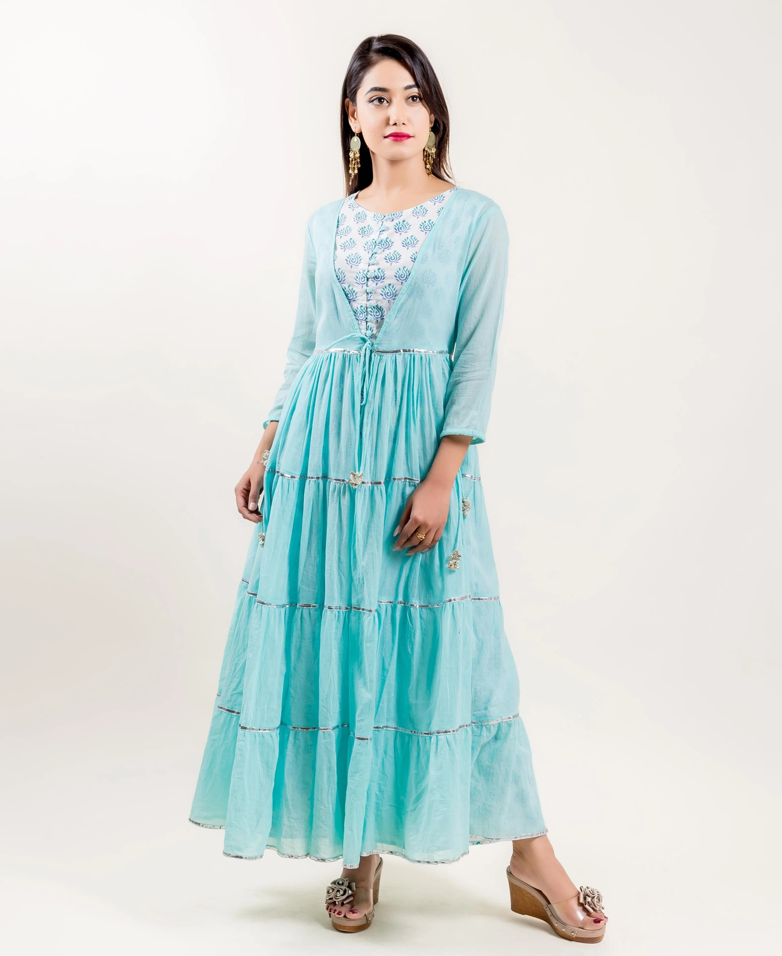 Aqua Cotton Tiered Indo Western Dress with Sleeveless inner