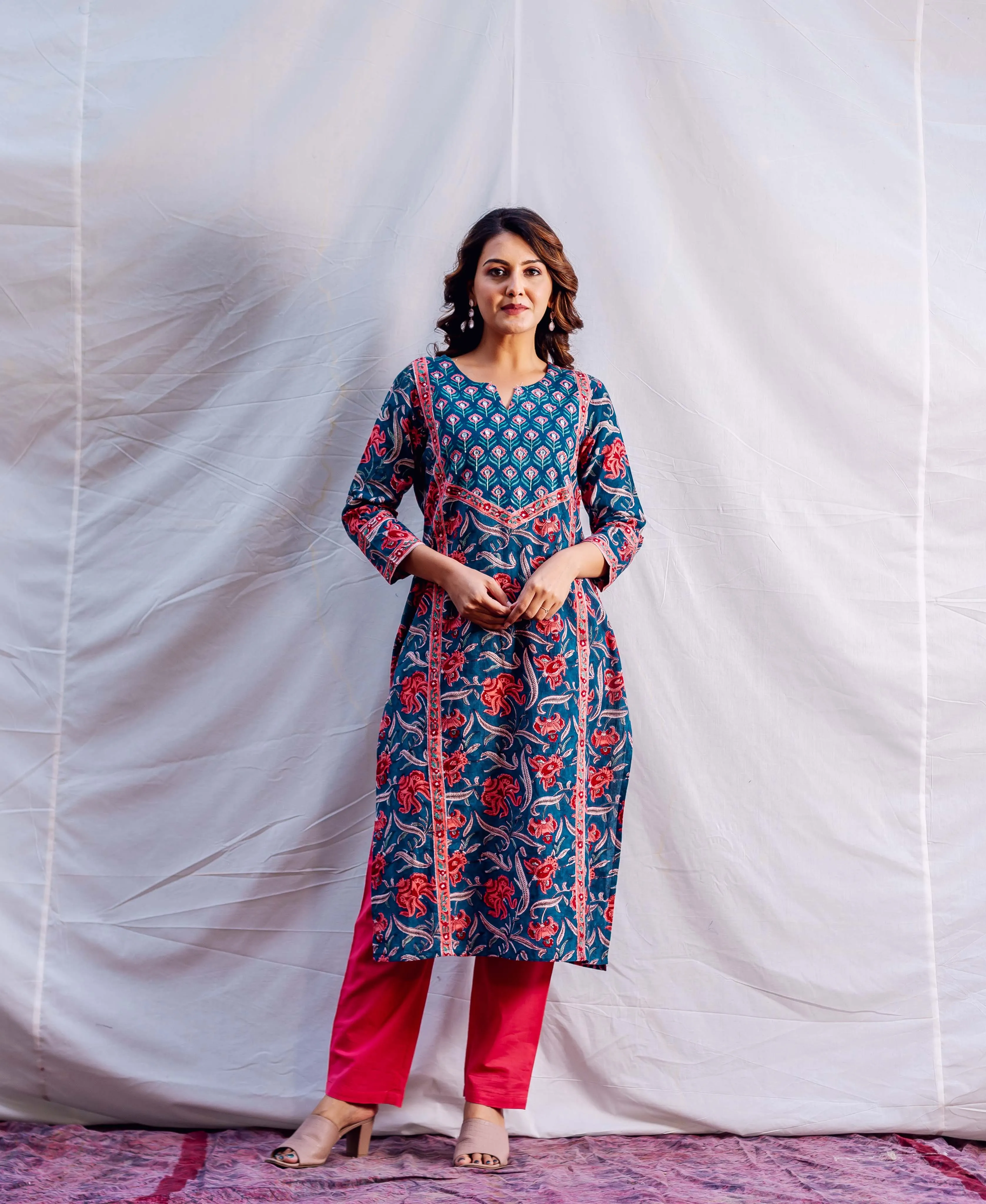 Azure Blossom Block Print Kurta