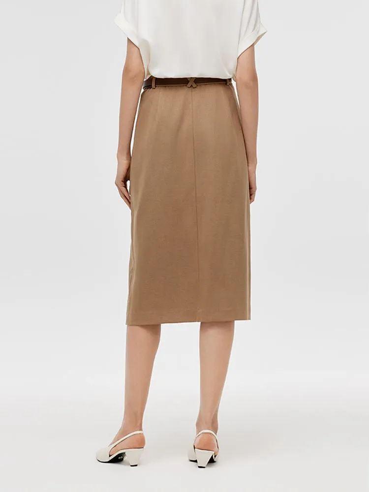 Basic Straight Slit Women Skirt With Belt