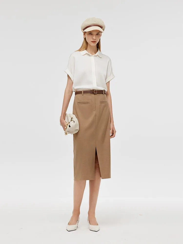 Basic Straight Slit Women Skirt With Belt