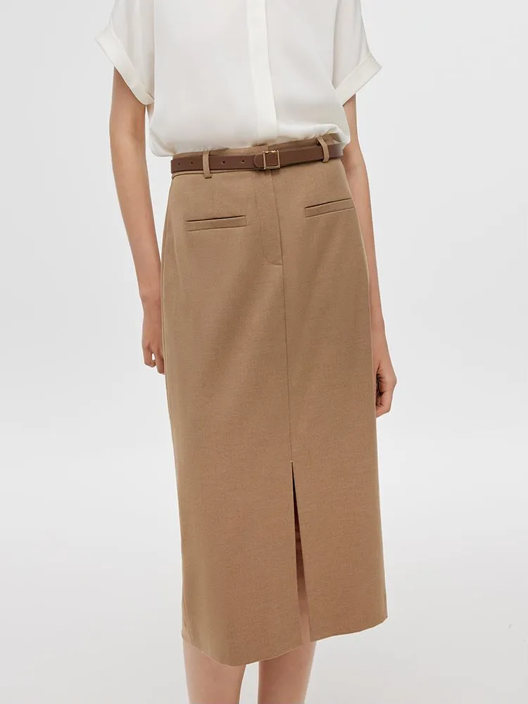 Basic Straight Slit Women Skirt With Belt