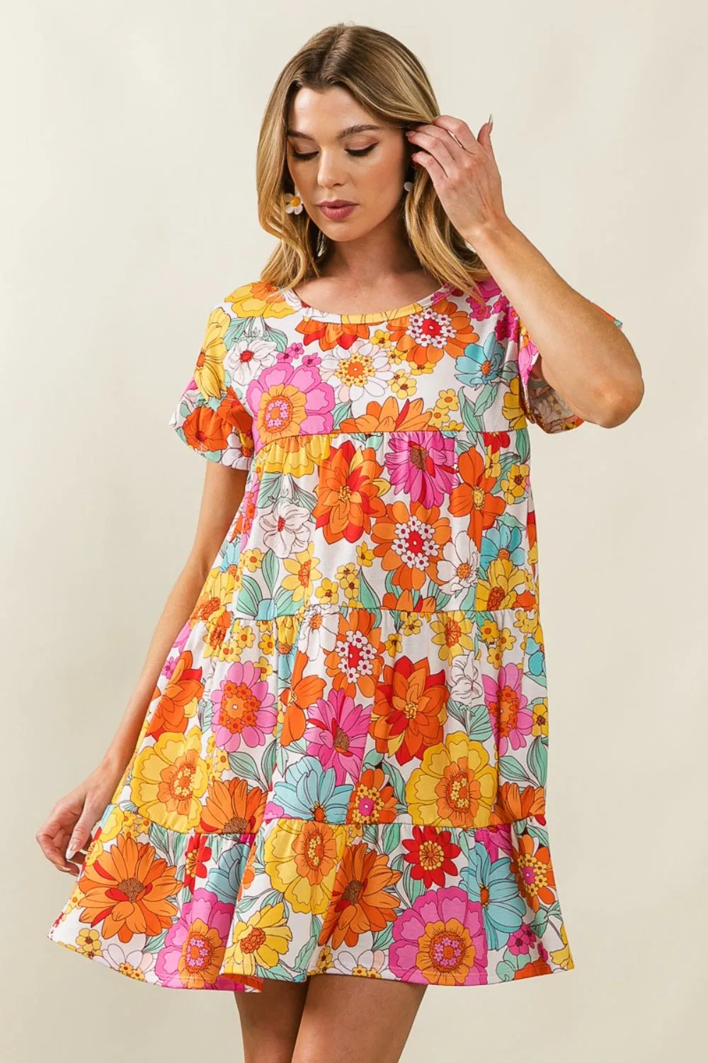 BiBi Floral Tiered Dress with Short Sleeves - Ideal Summer Beach Wedding Guest Attire for Women