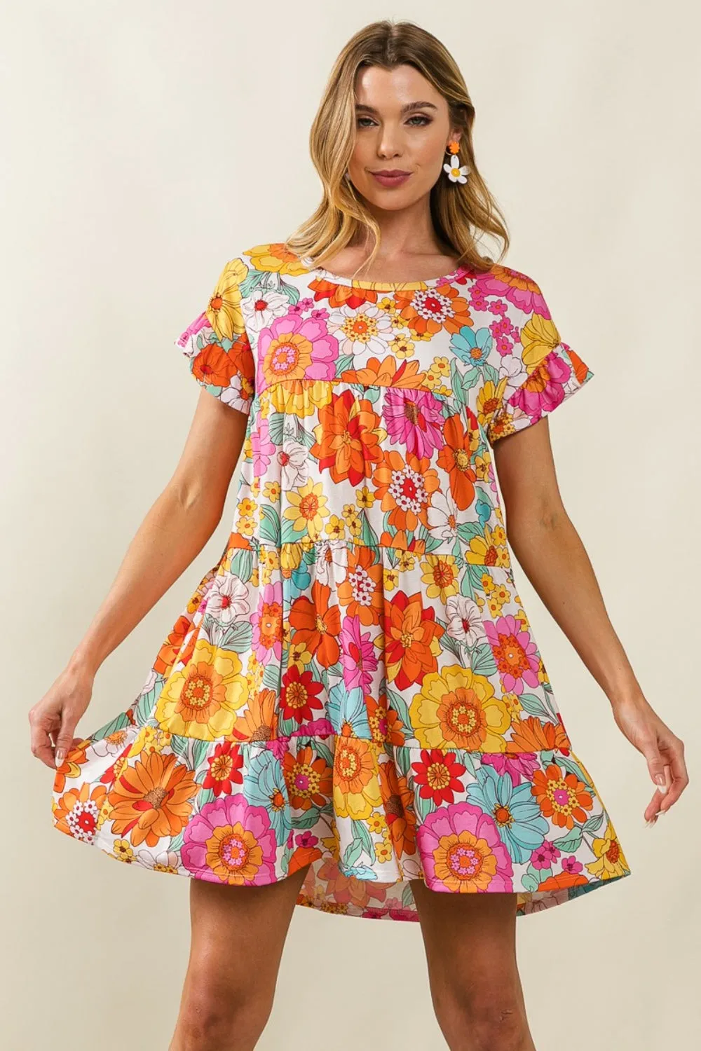 BiBi Floral Tiered Dress with Short Sleeves - Ideal Summer Beach Wedding Guest Attire for Women