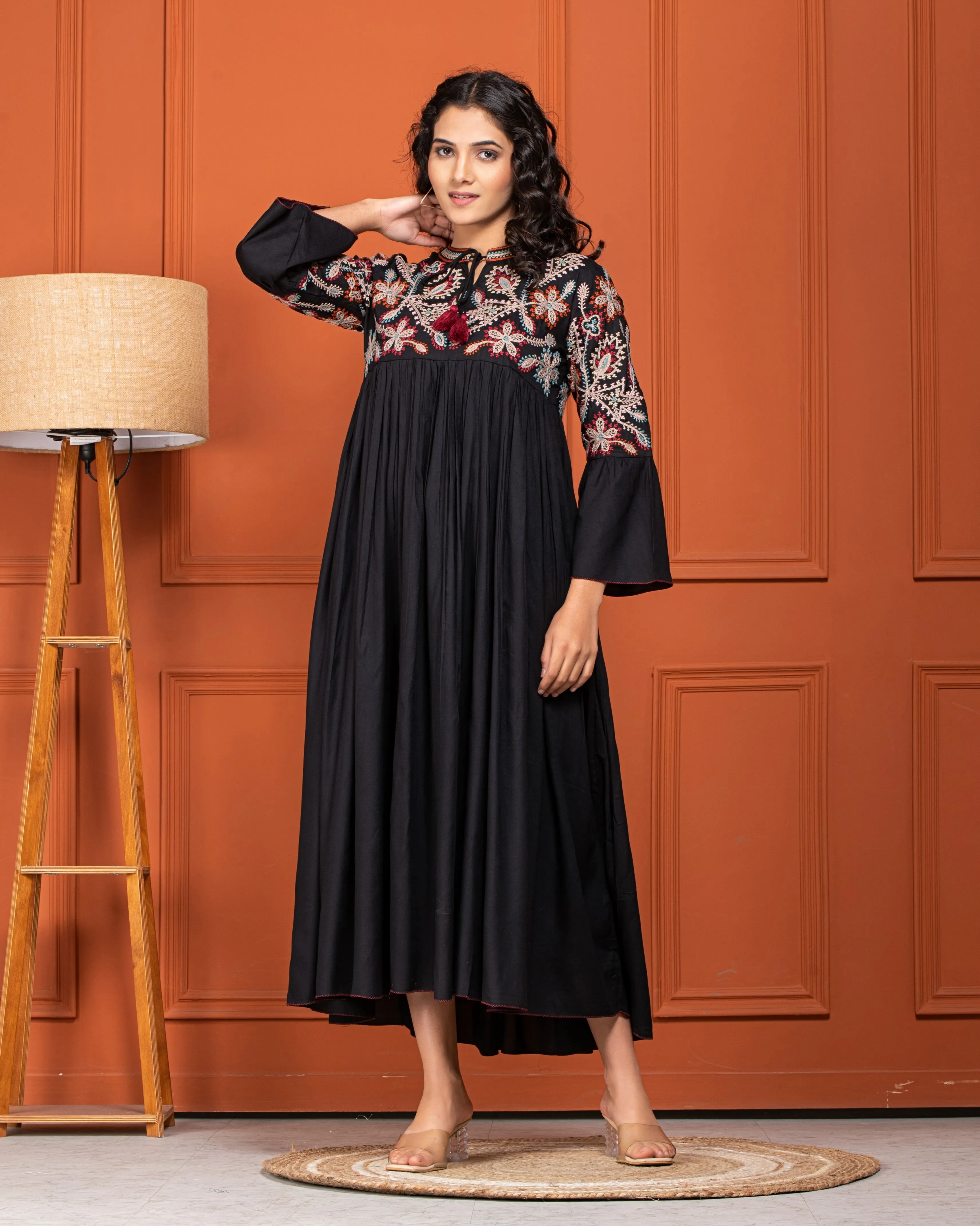 Black Floral Embroidered Cotton Linen Dress