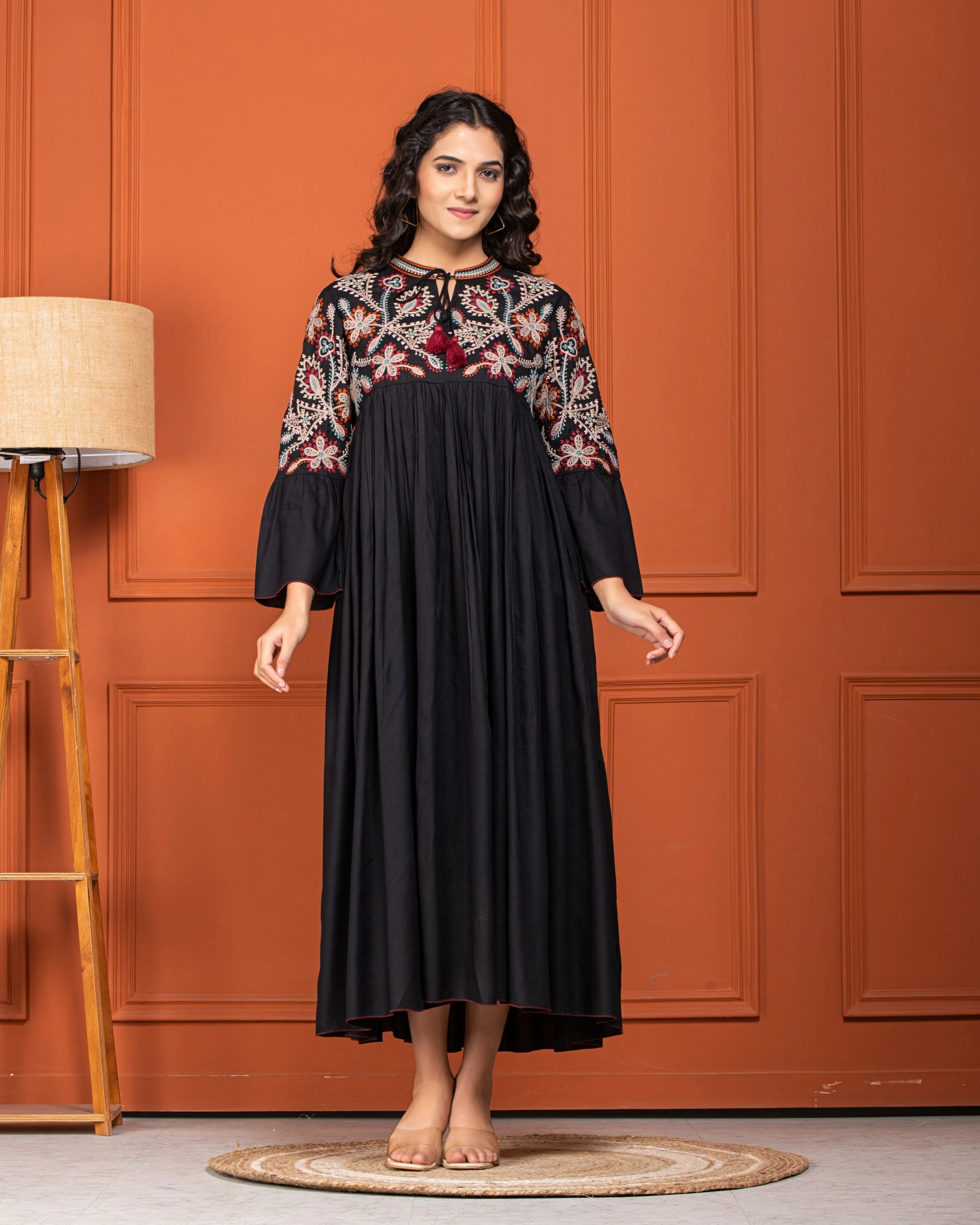 Black Floral Embroidered Cotton Linen Dress