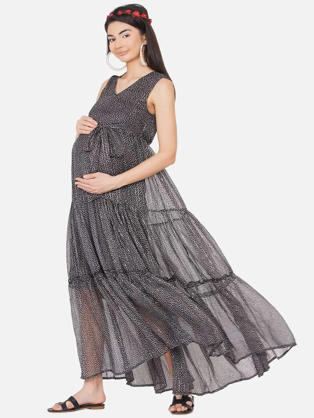 Black Floral Print Maxi Maternity Baby Shower Dress