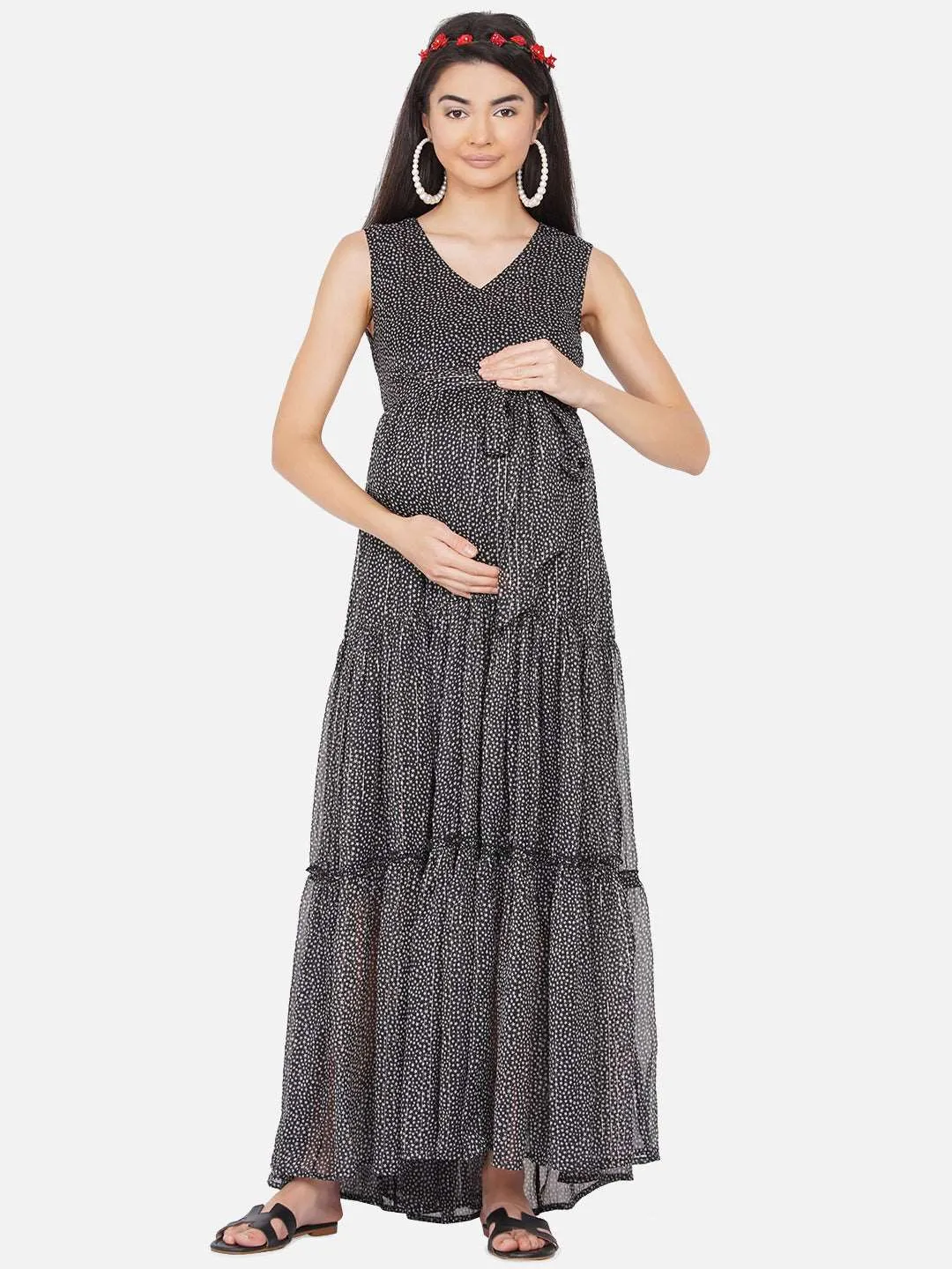 Black Floral Print Maxi Maternity Baby Shower Dress