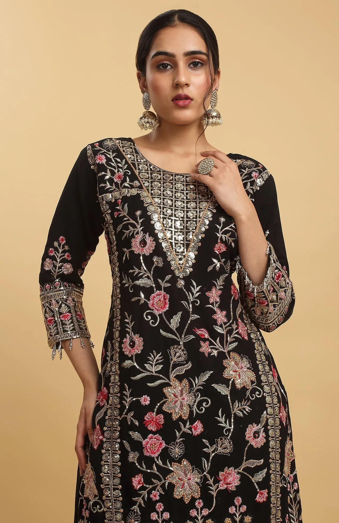 Black Georgette Embroidered Floral Round Kurta Set For  - Rent