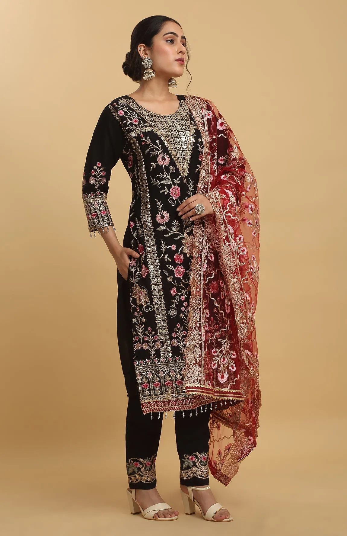 Black Georgette Embroidered Floral Round Kurta Set For  - Rent