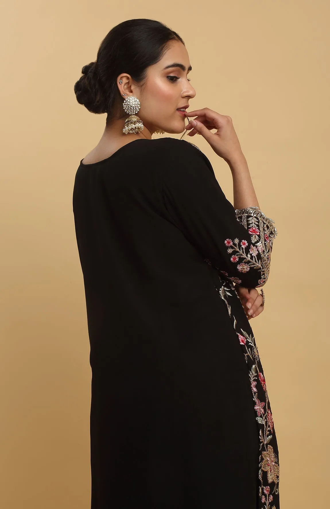 Black Georgette Embroidered Floral Round Kurta Set For  - Rent