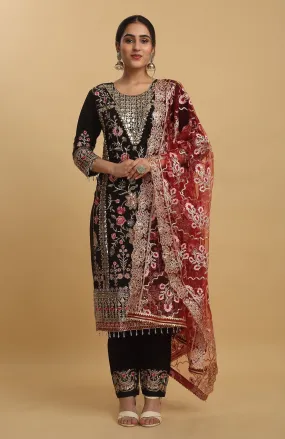 Black Georgette Embroidered Floral Round Kurta Set For  - Rent