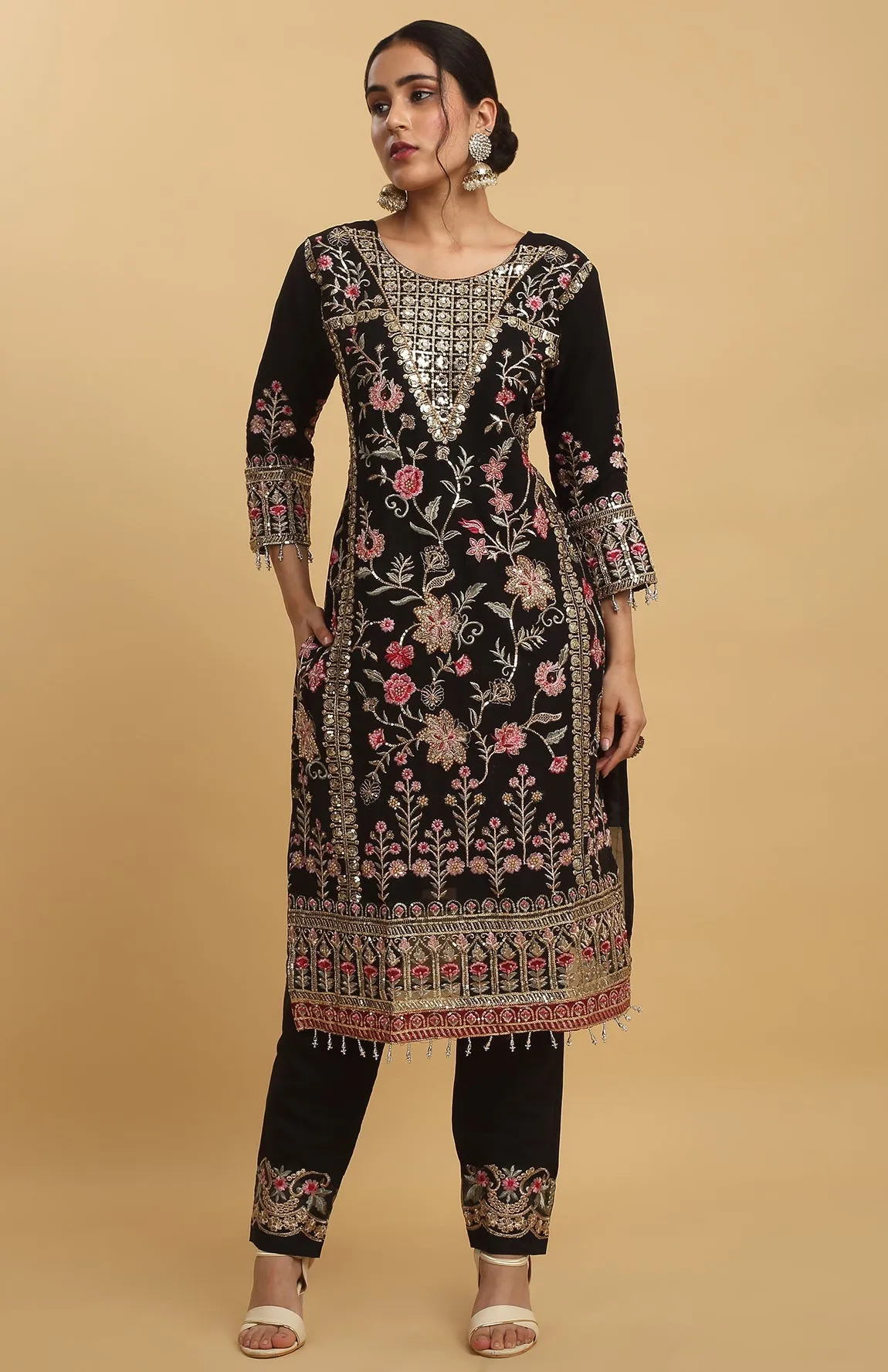 Black Georgette Embroidered Floral Round Kurta Set For  - Rent