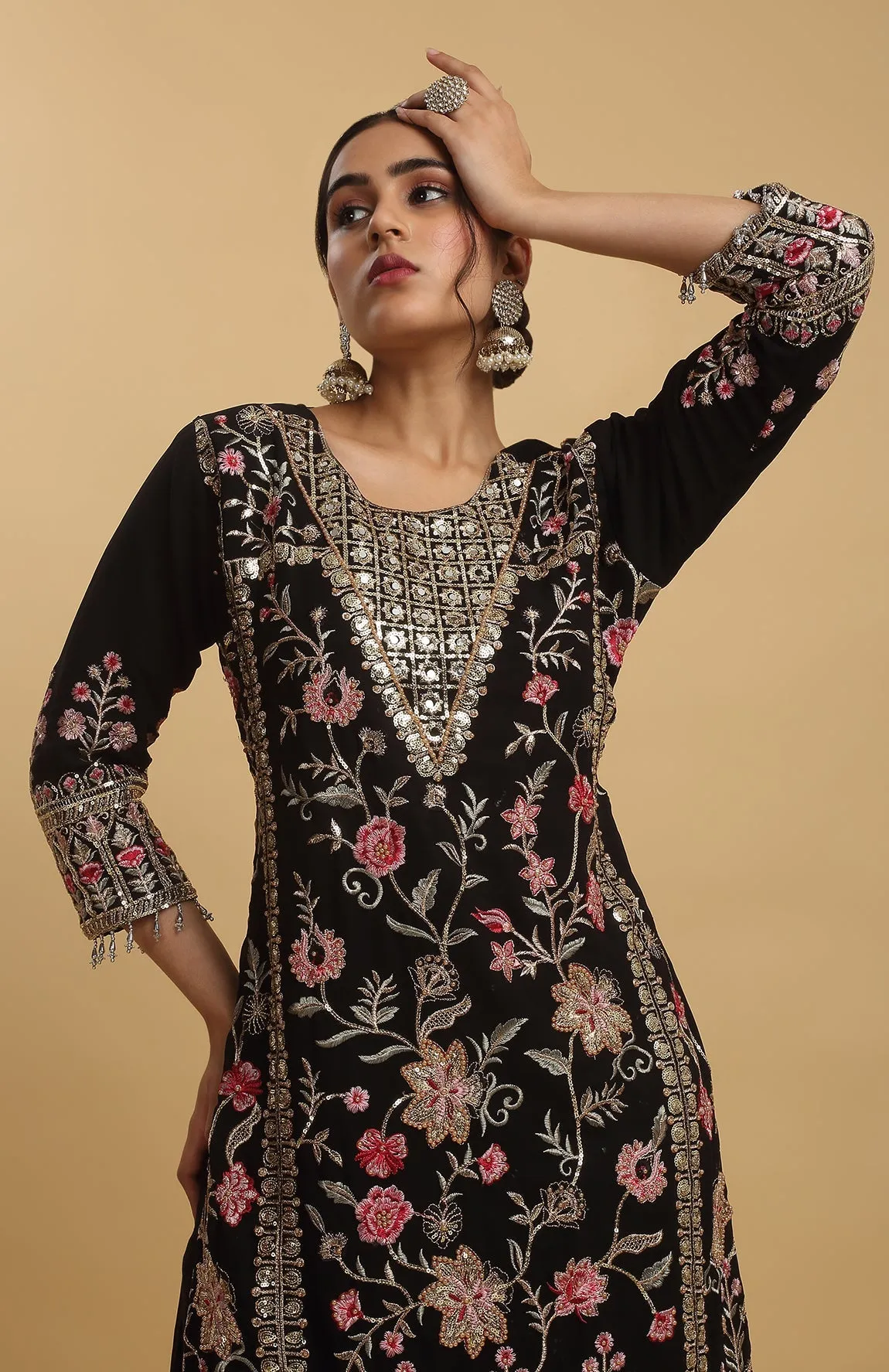 Black Georgette Embroidered Floral Round Kurta Set For  - Rent