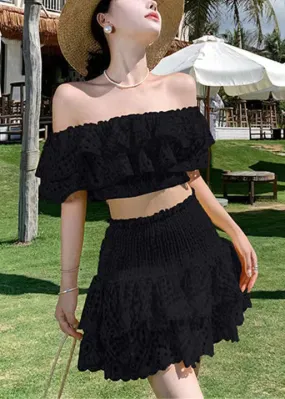 Black Ruffled Cotton Two Piece Suit Set Slash Neck Short Sleeve EE1047