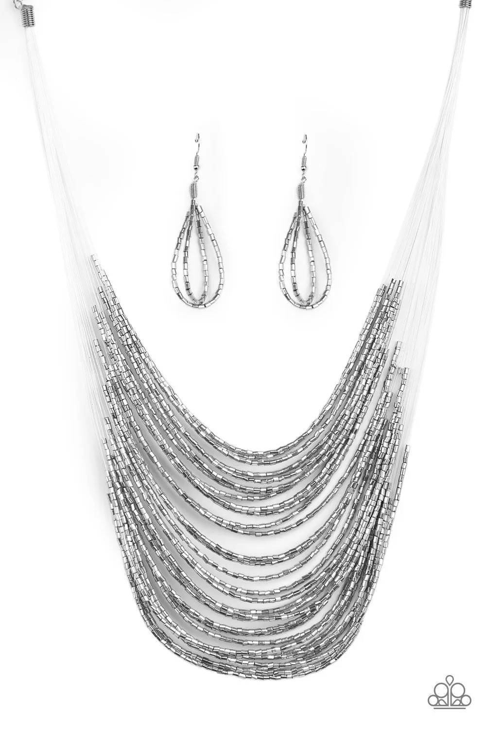 Catwalk Queen Metallic Silver Seed Bead Necklace and matching Earrings - Paparazzi Accessories