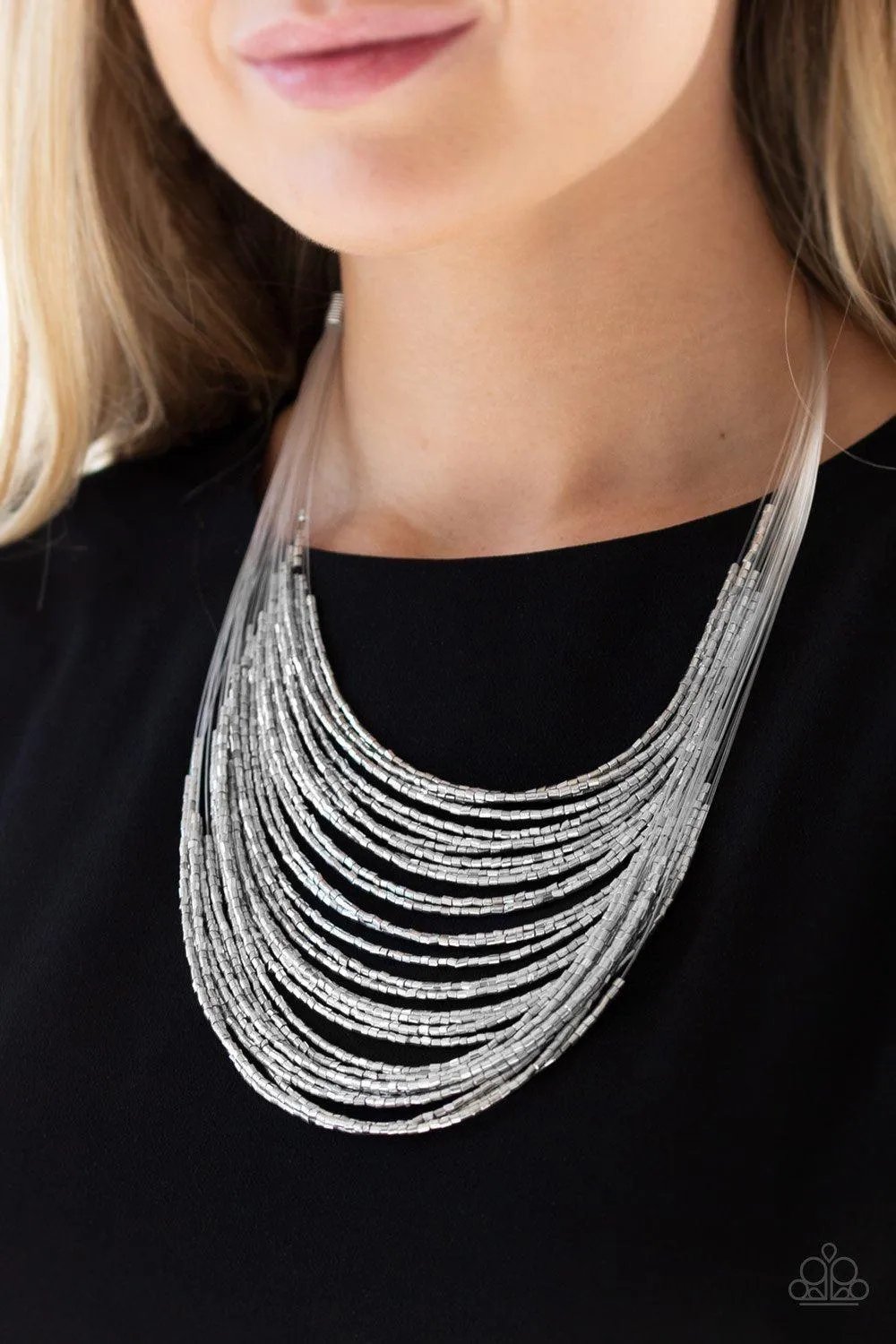 Catwalk Queen Metallic Silver Seed Bead Necklace and matching Earrings - Paparazzi Accessories