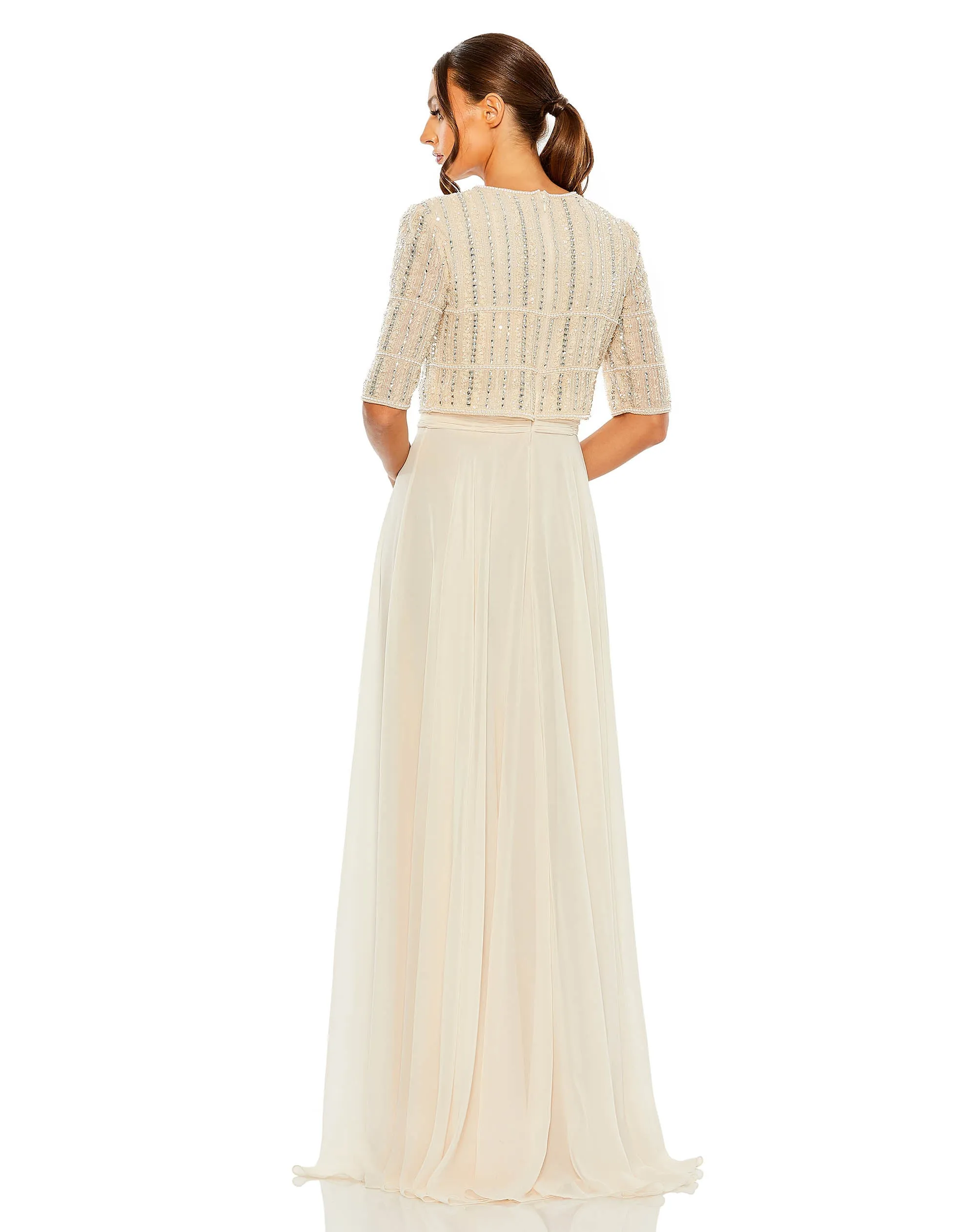 Chiffon Gown w/ Fully Beaded 3/4 Sleeve Top