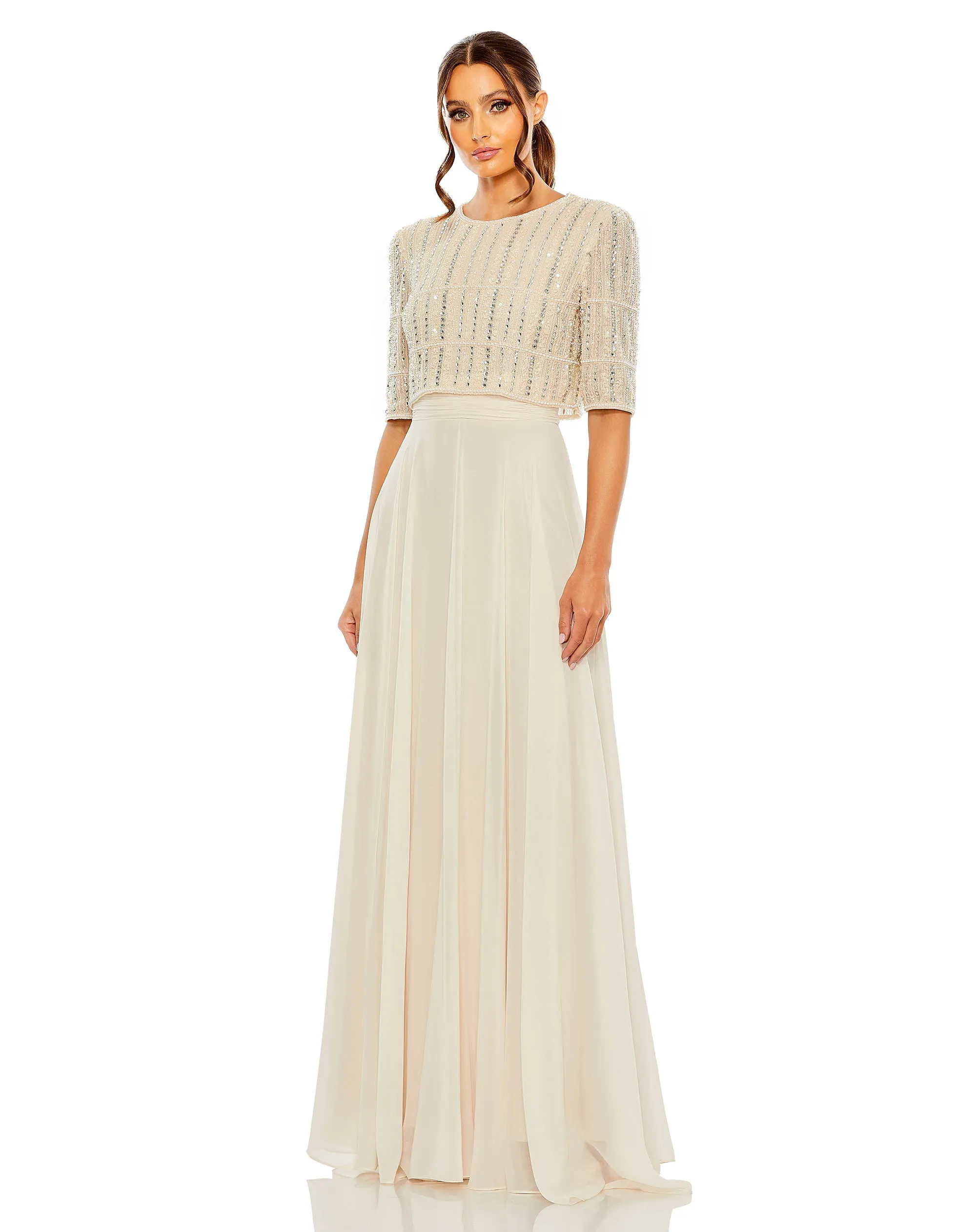 Chiffon Gown w/ Fully Beaded 3/4 Sleeve Top