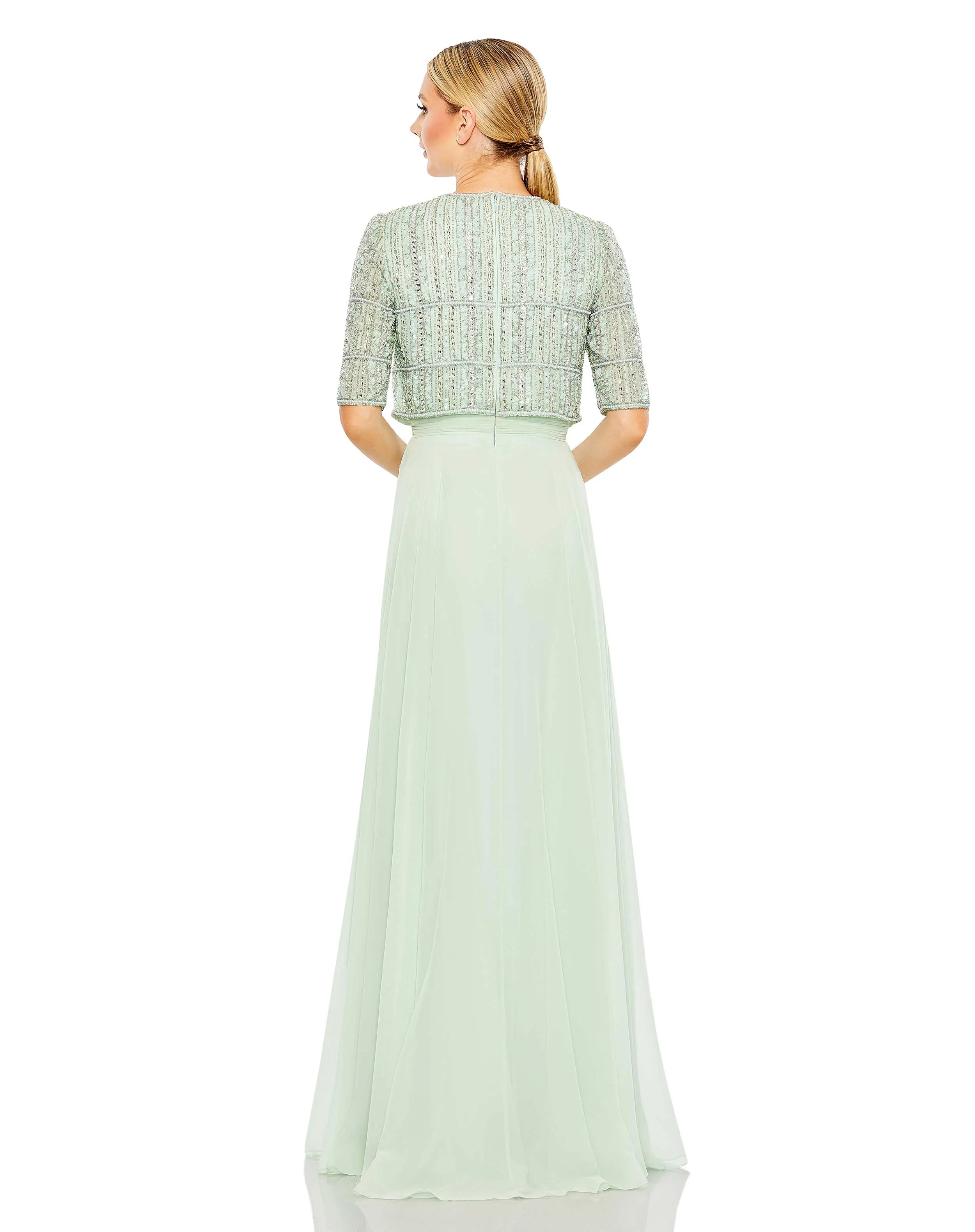 Chiffon Gown w/ Fully Beaded 3/4 Sleeve Top