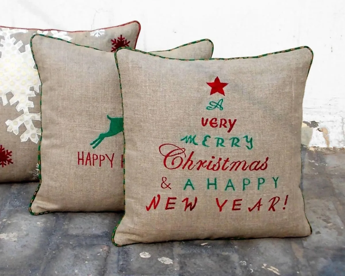 Christmas linen pillow cover, chistmas and new year wishes, embroidered pillow size 16"X 16"