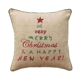 Christmas linen pillow cover, chistmas and new year wishes, embroidered pillow size 16"X 16"