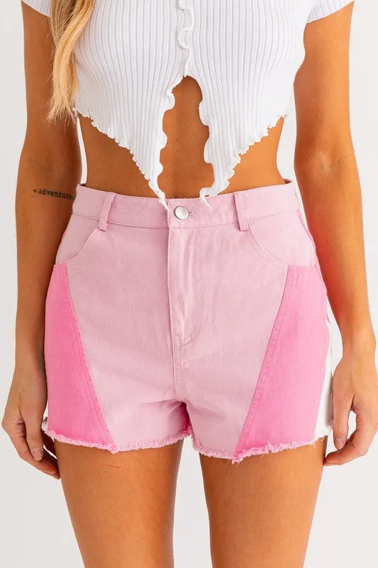 COLOR BLOCKED DENIM SHORTS