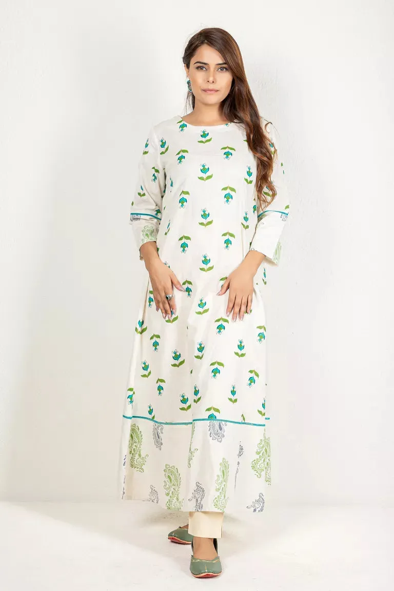 Cream With Blue & Green Cotton Flax Kurta