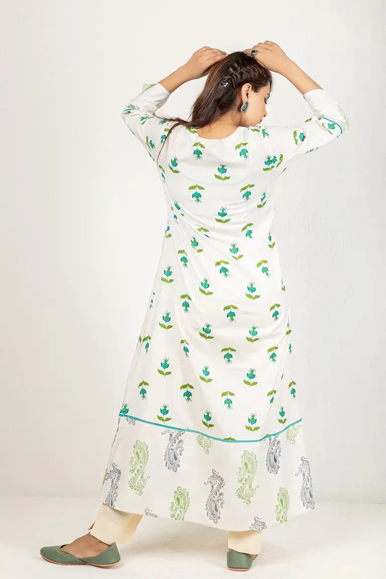 Cream With Blue & Green Cotton Flax Kurta