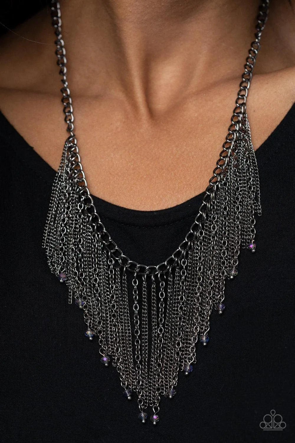 Cue The Fireworks Multi Oil Spill Crystal and Gunmetal Black Fringe Necklace - Paparazzi Accessories