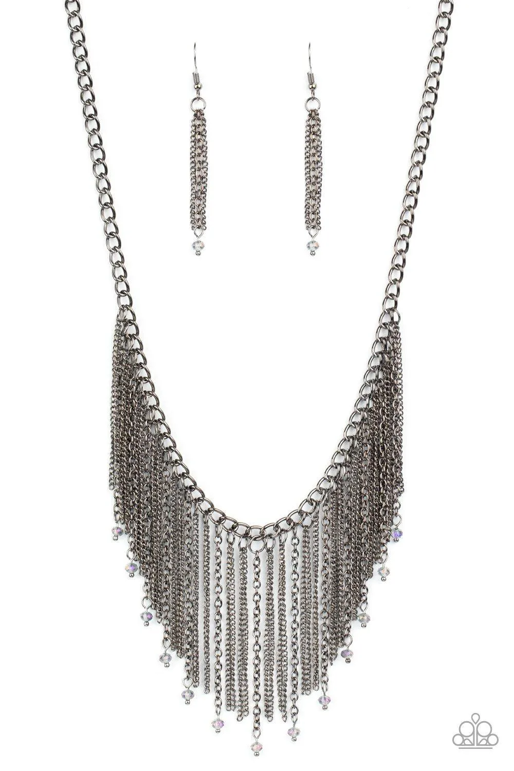 Cue The Fireworks Multi Oil Spill Crystal and Gunmetal Black Fringe Necklace - Paparazzi Accessories