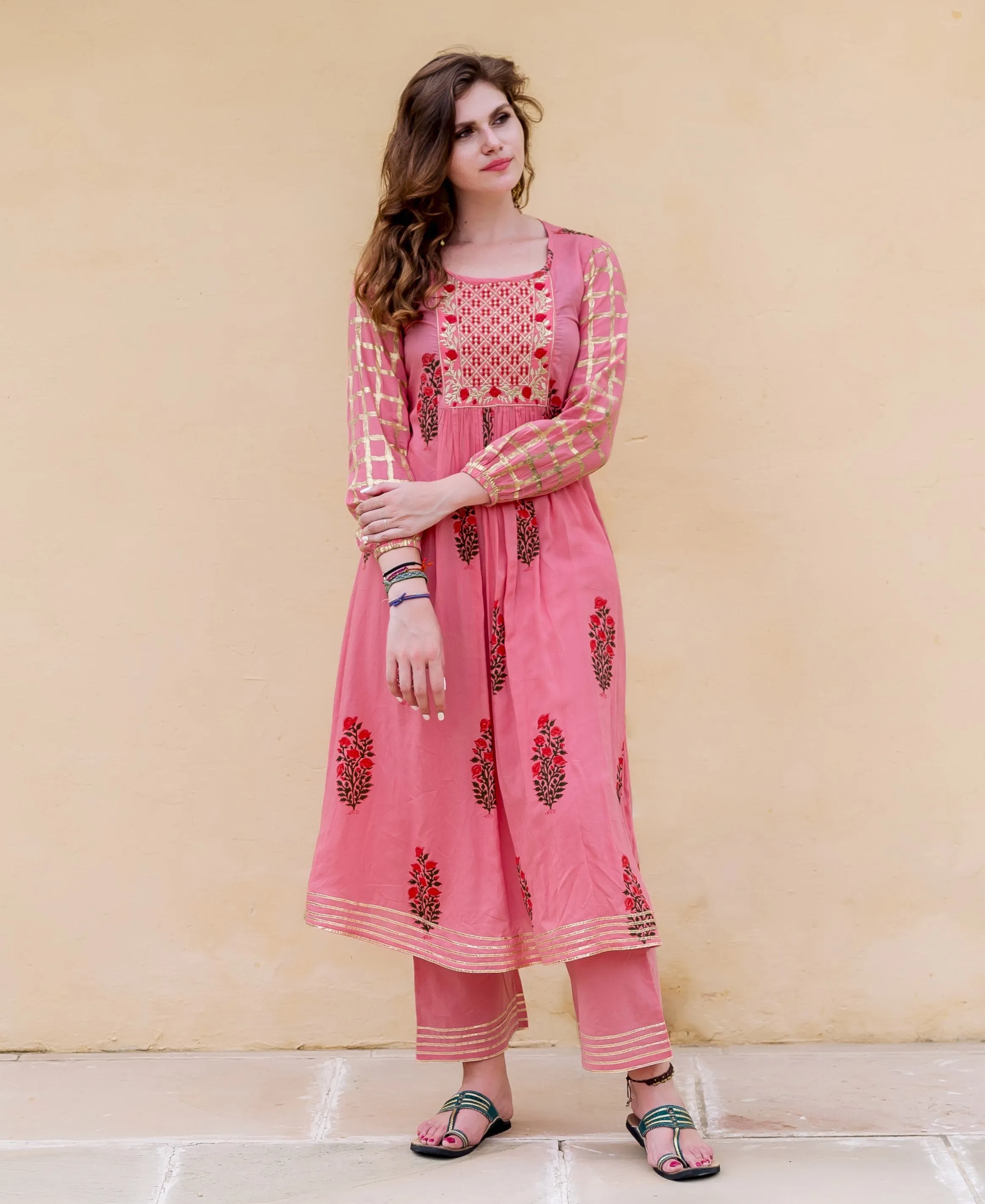 Designer Peach Embroidered Printed Kurta