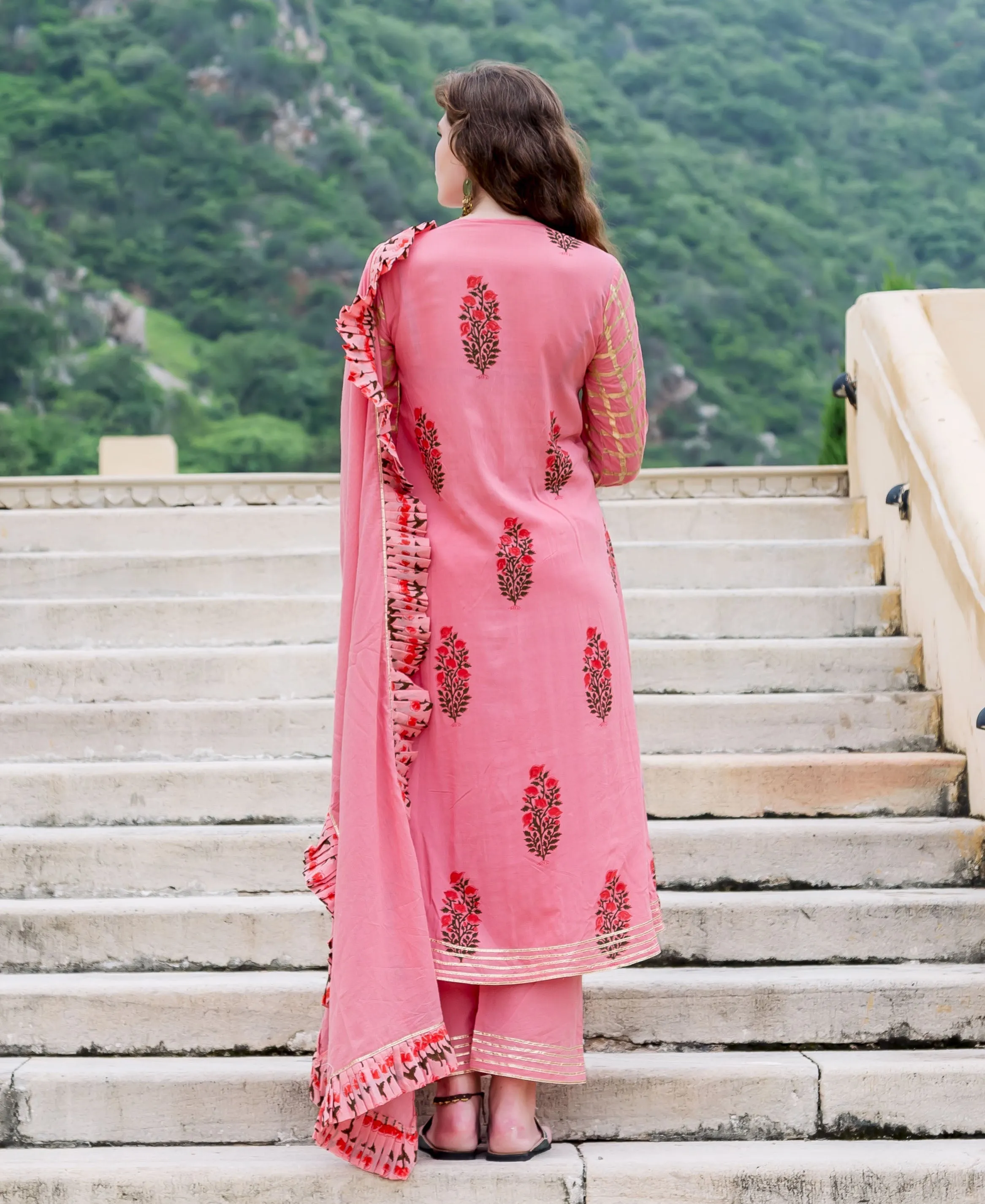 Designer Peach Embroidered Printed Kurta