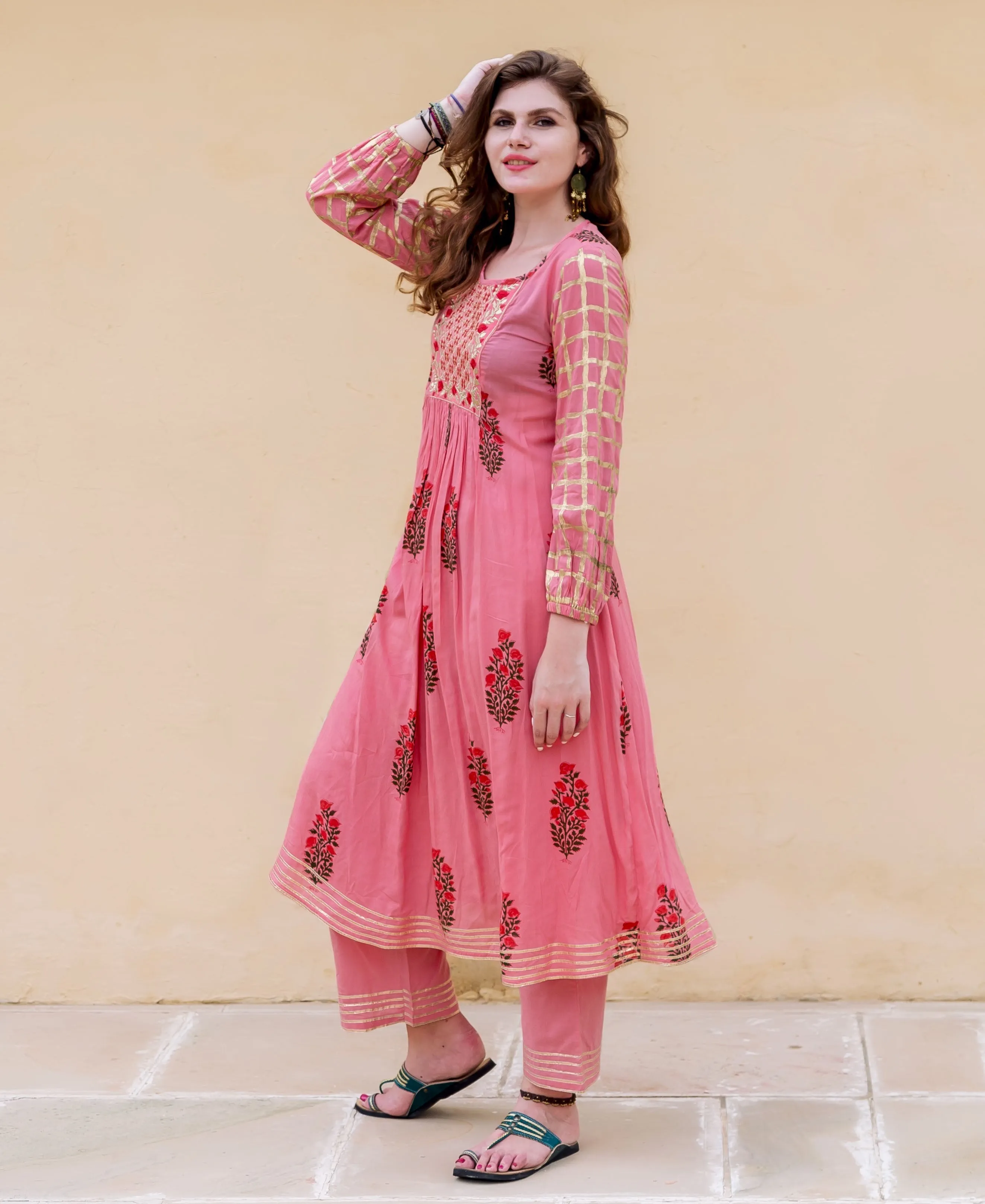 Designer Peach Embroidered Printed Kurta