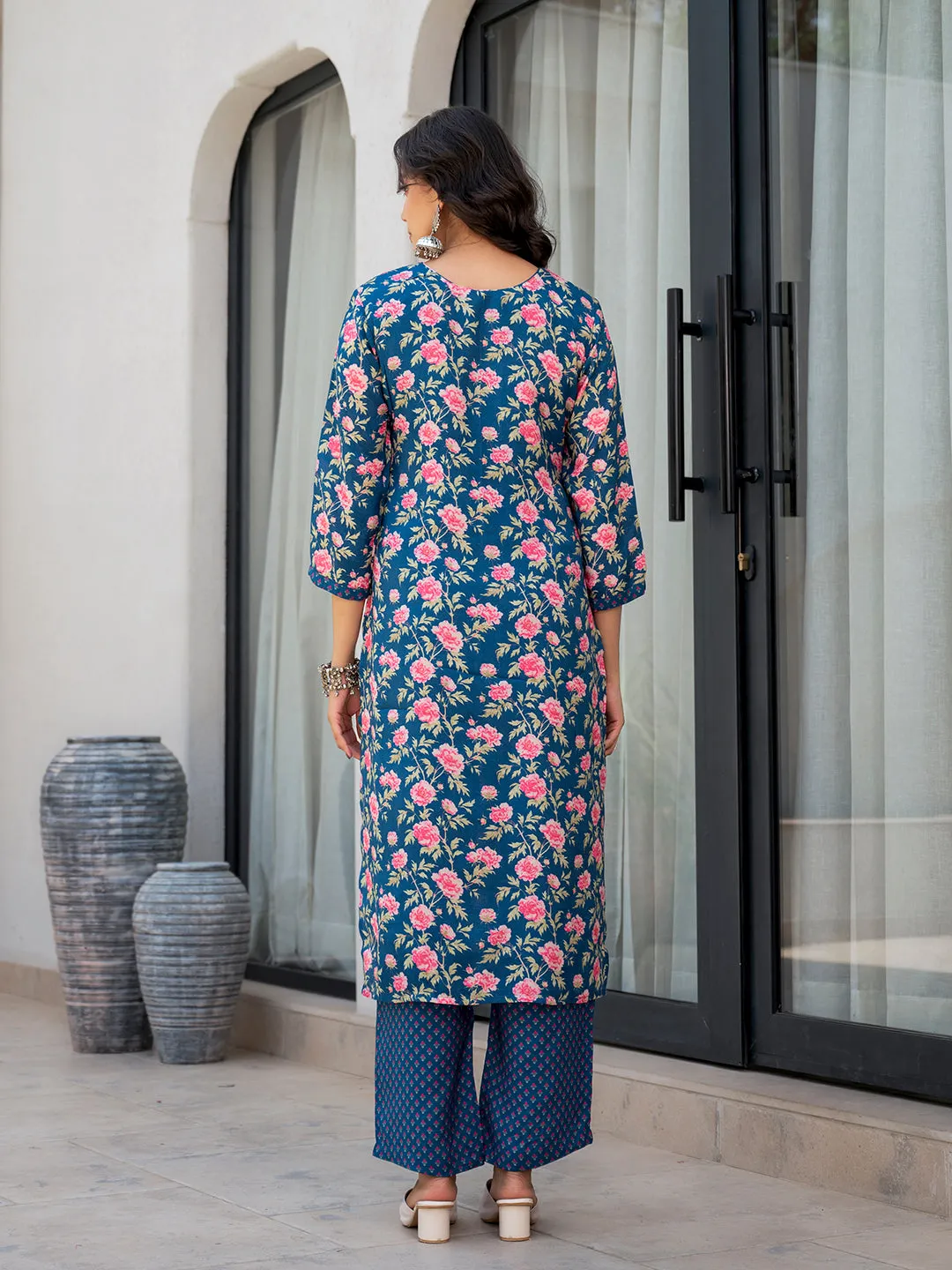 Divena Blue Embroidered Floral Print Muslin Kurta Set