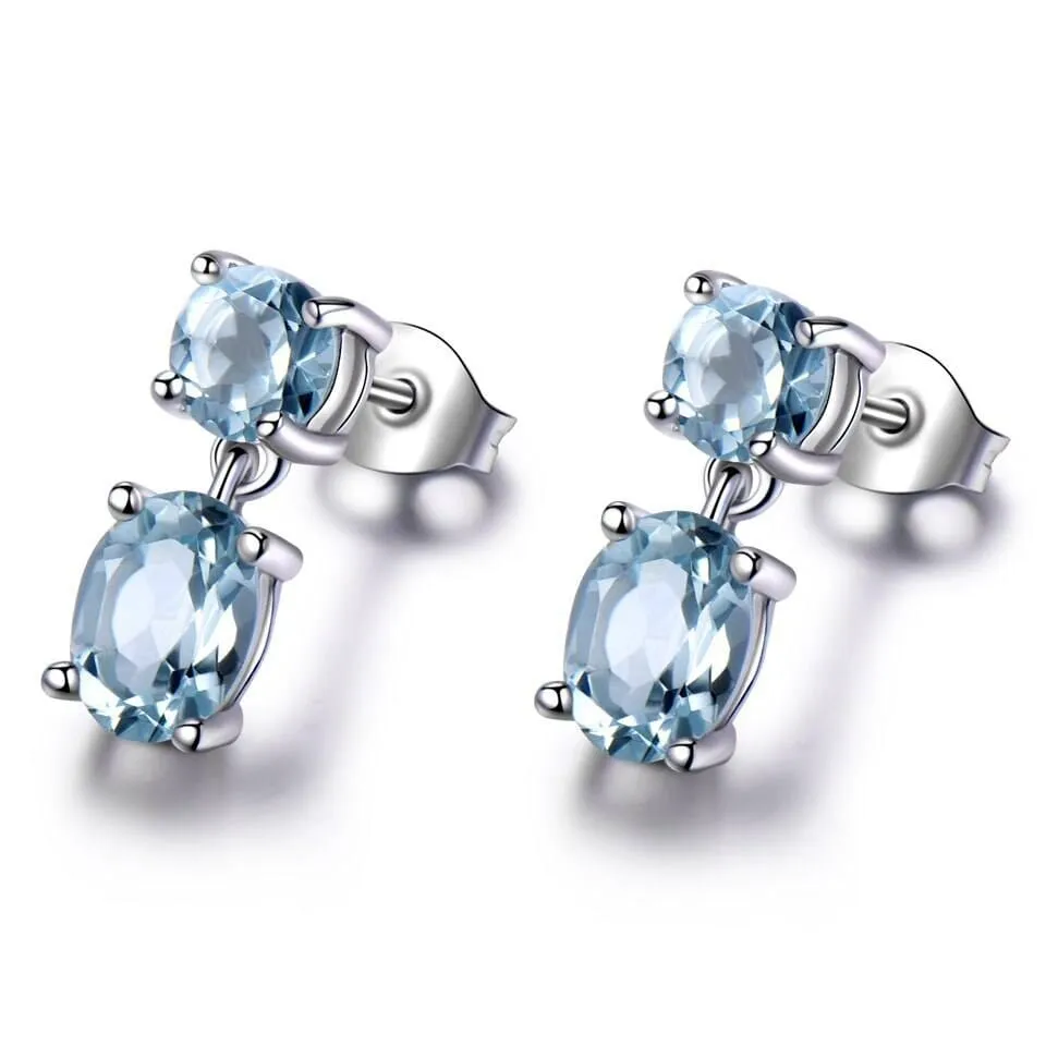 Double Created Nano Sky Blue Topaz Gemstone Earrings - 925 Sterling Silver