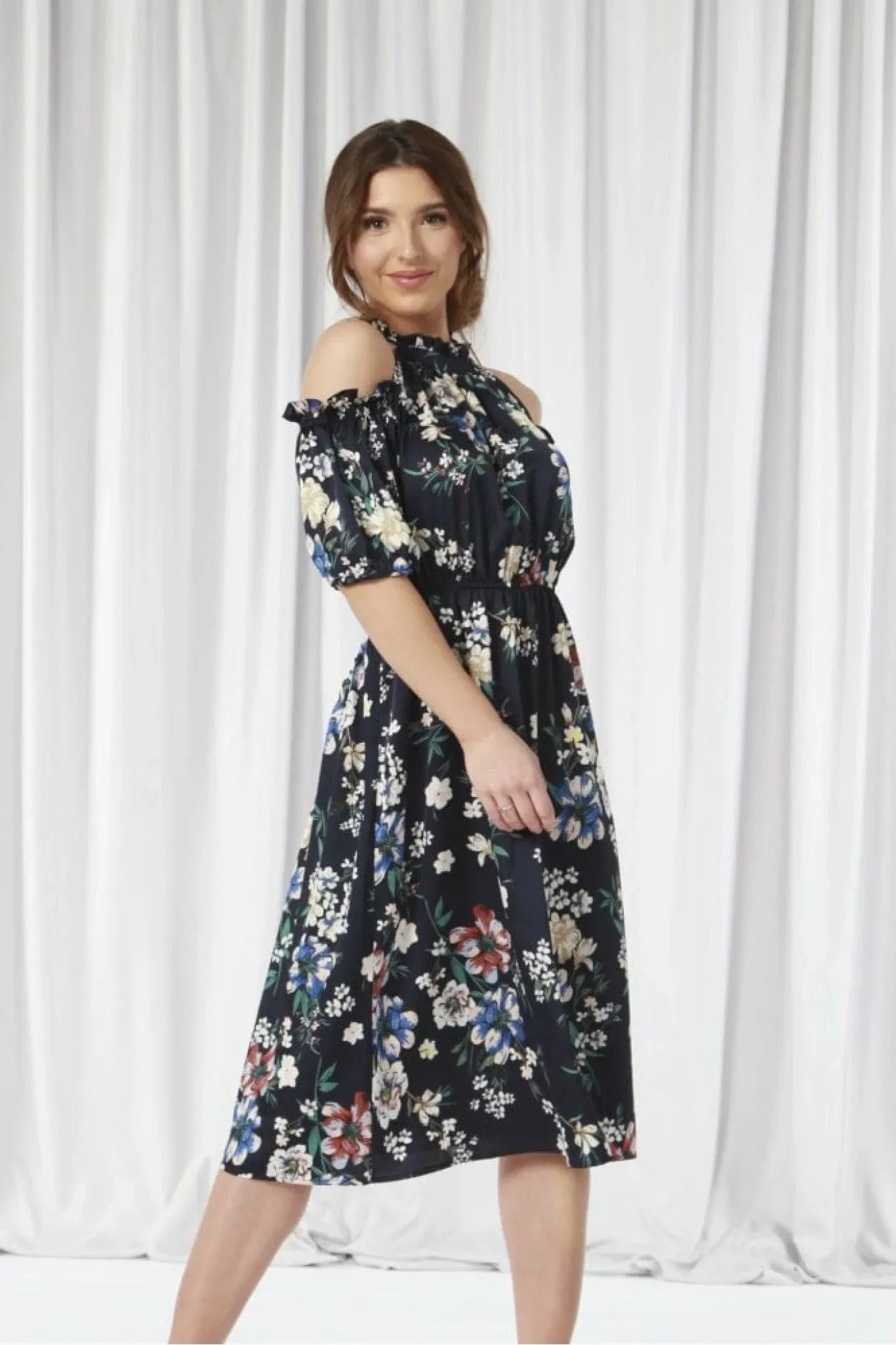 Double Second Printed Cold Shoulder Floral Dress