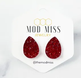 Druzy Stud Teardrop Ruby Red