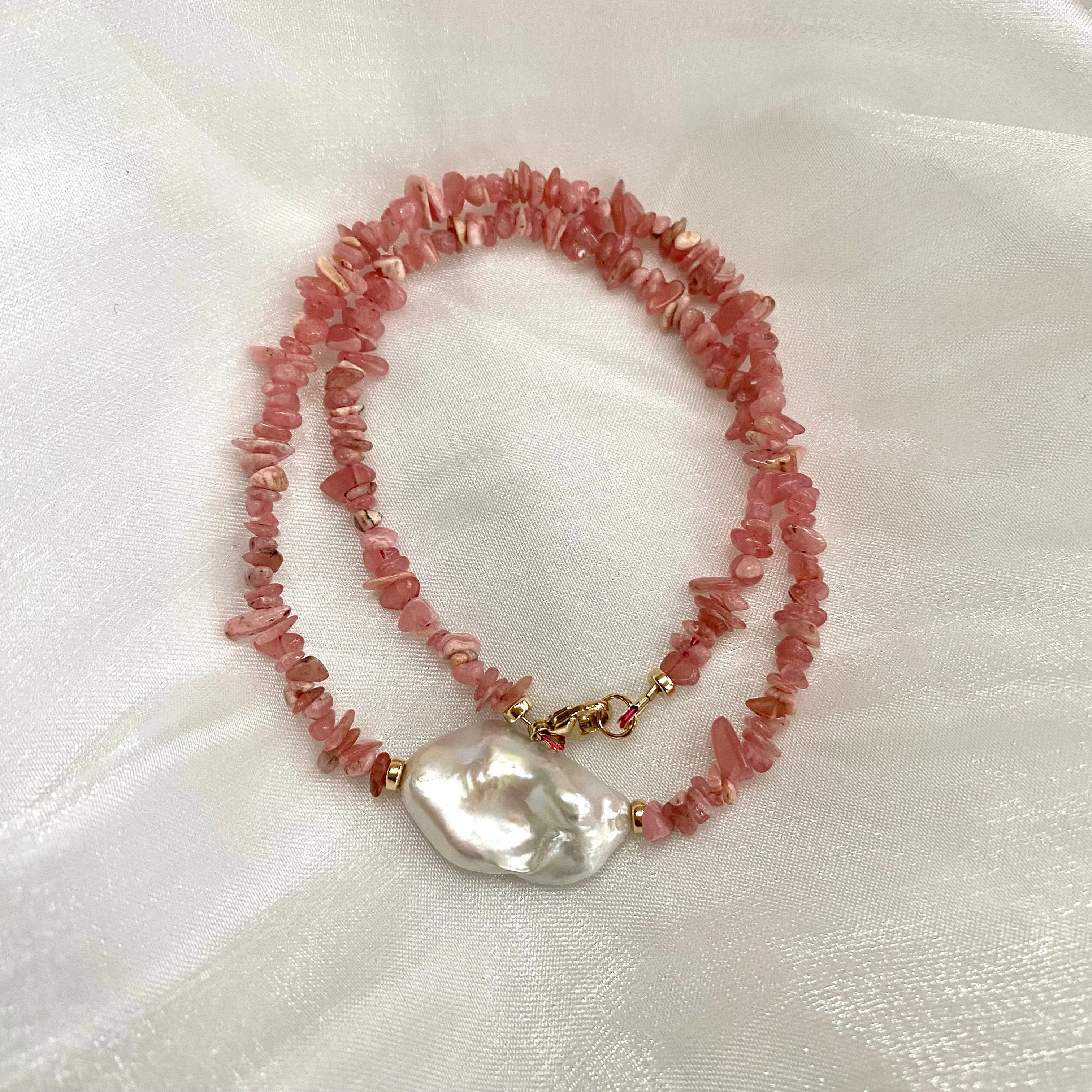 Elegant Pink Rhodochrosite Chips and Freshwater Baroque Pearl Necklace with Gold Filled Details, 18.5inch