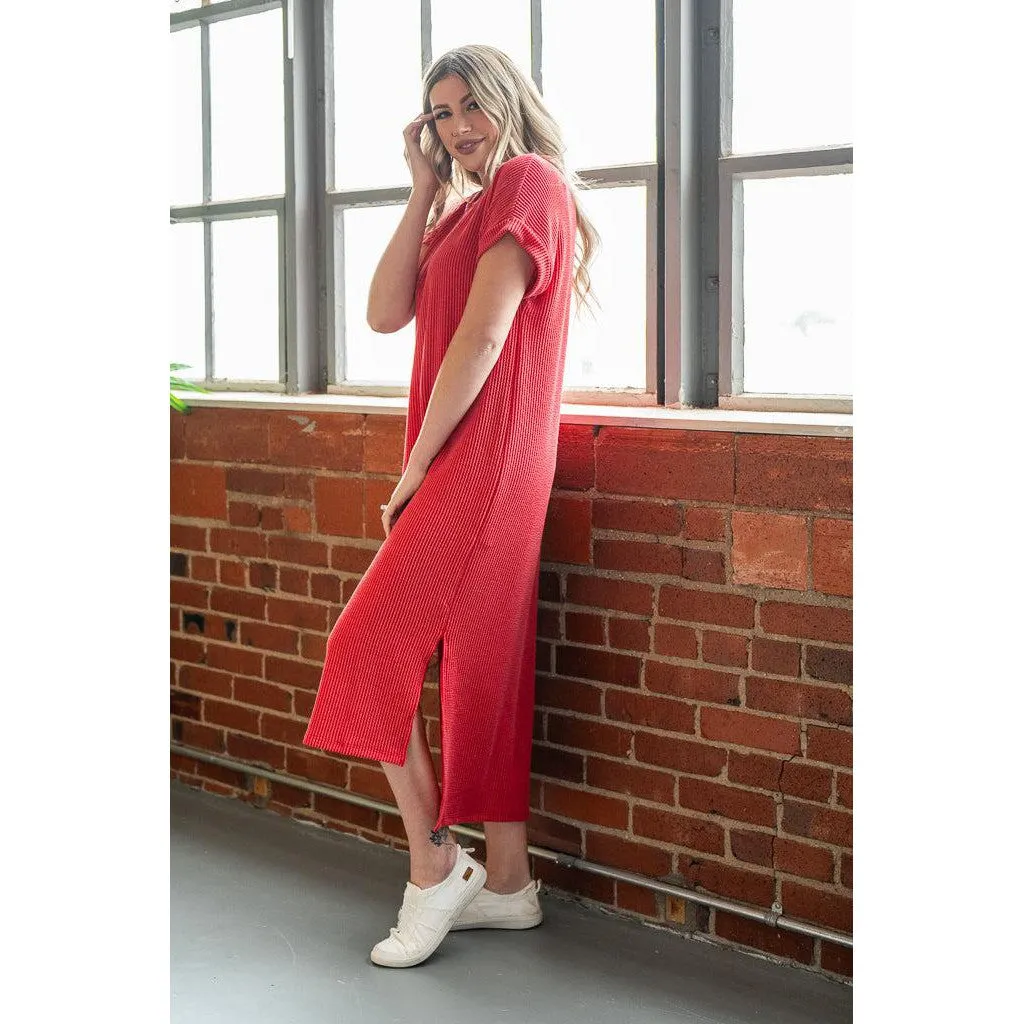 Entro Red Ribbed Midi Dress